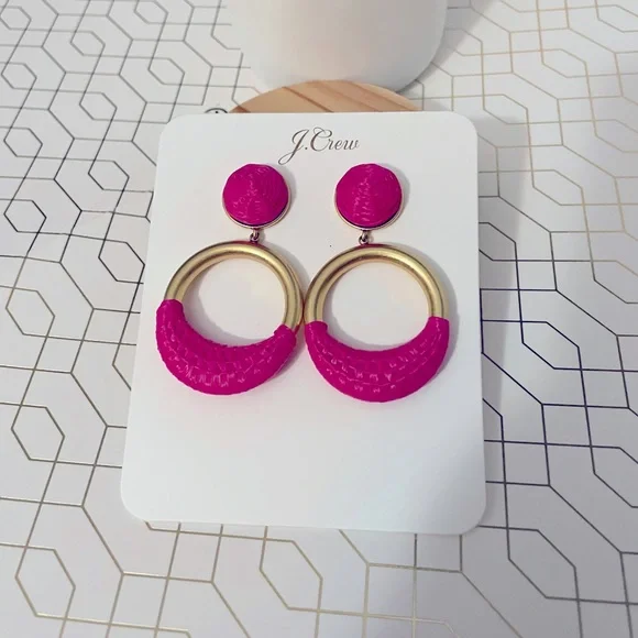 JCREW Faux- Raffia Wrapped Hoop Earrings NWT Vivid Begonia - Picture 5 of 7
